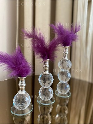 PremiumPort 3'lü Mor Tüylü Gümüş Kristal Top Dekor Biblo Seti