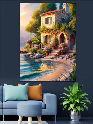 PremiumPort Deniz Kenarı Taş Ev Dekoratif Kanvas ve Mdf Ahşap Tablo