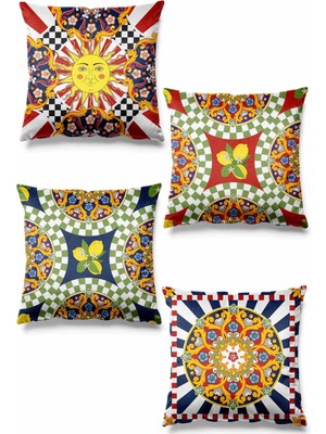 PremiumPort Sicilya Desenli 4'lü Süet Kırlent Kılıfı Çift Taraflı Modern Tasarım