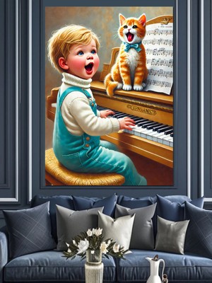 PremiumPort Renkli Çocuk ve Kedi Temalı Dekoratif Kanvas ve Mdf Tablo