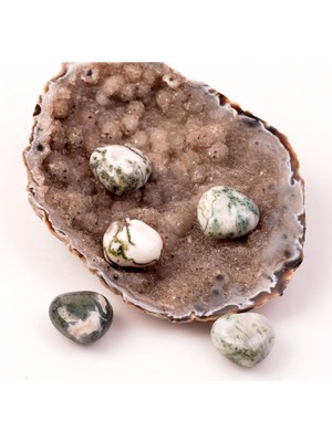 PremiumPort Doğal Yosunlu Akik Taşı Kalp Figürlü Küçük Boy Takı Parçası