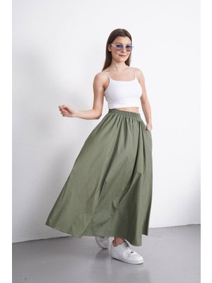 Fileto Cepli Poplin Kumaş Uzun Etek Astarsız (90CM) Haki Renk
