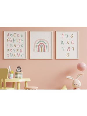 PremiumPort 3'lü Çocuk Odası Tablo Seti, Alfabe ve Sayı Desenli Dekorasyon