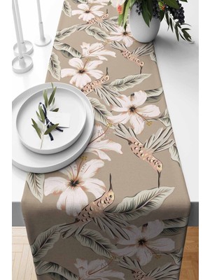 PremiumPort Hibiskus Desenli Süet Dokuma Runner, Şık ve Zarif 140X40 cm