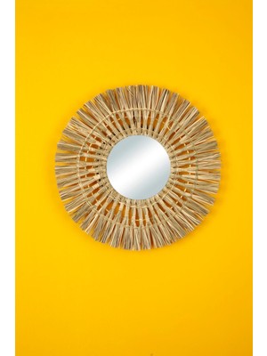 PremiumPort El Yapımı Hasır Mini Yuvarlak Ayna 41CM, Natürel, Şık Dekoratif Parça