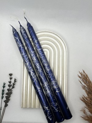 PremiumPort Mermer Desenli Metalik Lacivert 3’lü Dekoratif Şamdan Mumu Seti