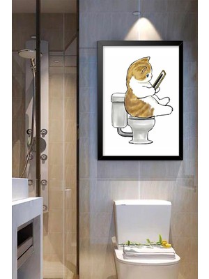 PremiumPort Modern Siyah Çerçeveli Tatlı Kedi Banyo Tablosu