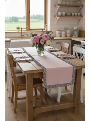 PremiumPort Pudra ve Gri Renkli Çiçekli Fırfırlı Vintage Runner 40X130CM