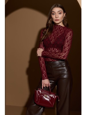 FullaModa Dantelli Dik Yaka Transparan Bluz