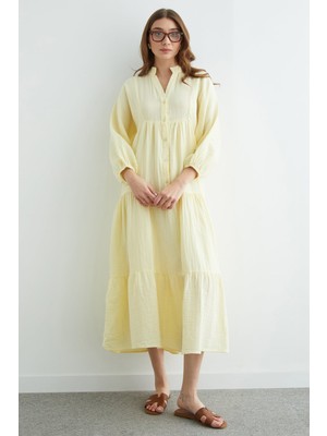 FullaModa Fullamodest Yarım Düğmeli Hakim Yaka Müslin Elbise