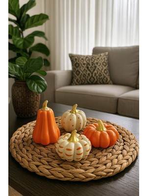 PremiumPort Bej ve Turuncu Detaylı 4’lü Dekoratif Bal Kabağı Takımı, Şık Obje Seti