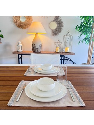 PremiumPort Gri Şeritli Linen Keten Jüt Dokulu Amerikan Servis, Modern ve Şık Tasarım