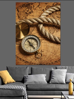 PremiumPort Antik Harita ve Pusula Temalı Dekoratif Kanvas ve Mdf Ahşap Tablo