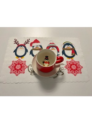 PremiumPort Yılbaşı Temalı Amerikan Servis 6 Parça, Yıkanabilir Kumaş, Penguen Desenli