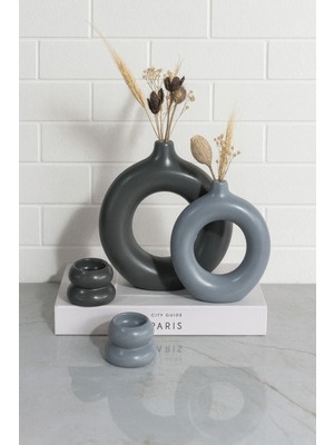 PremiumPort Bohem Tarz Halka Vazo ve Mumluk Seti, Antrasit Gri, Şık Dekorasyon Takımı