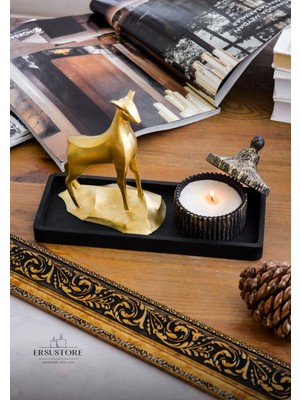 PremiumPort Büyük Boy Altın Geyik Tabak ve Kapaklı Mumluk Seti, Şık Dekorasyon Hediği