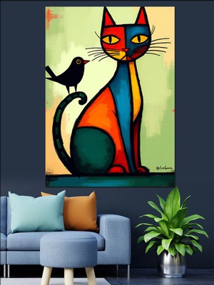 PremiumPort Soyut Kedi Illüstrasyonu Kanvas ve Ahşap Tablo Dekoru