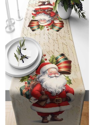 PremiumPort Retro Noel Desenli Süet Koşu Paspası 140X40 Cm, Yılbaşı Dekorasyonu