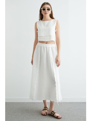 FullaModa Beli Lastikli Püsküllü Etekli Müslin 2 Li Takım