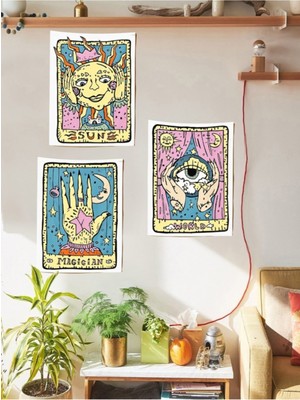 PremiumPort Renkli Tarot Çizimli 3'lü Duvar Halısı Seti, Şık ve Modern Dekorasyon
