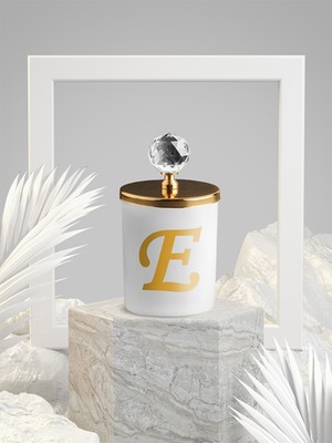 PremiumPort E Harfli Vanilya Kokulu Gold Kristal Beyaz Bardak Mum