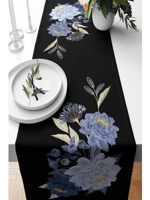 PremiumPort Mavi Peony Desenli Süet Dokuma Runner, Şık ve Dayanıklı 140X40 cm