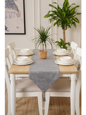 PremiumPort 35CM x 270CM Gri Desenli Dekoratif Runner, Şık ve Modern Tasarım