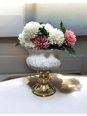 PremiumPort Şık Beyaz Gold Mermer Ayaklı Dekoratif Saksı, Feray Home