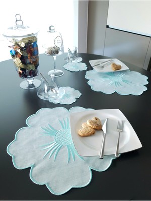 PremiumPort Çiçek Desenli Nakışlı Amerikan Servis Seti, Kokteyl Sunum Peçetesi, Keten