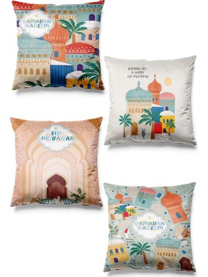 PremiumPort Ramazan Temalı Süet 4'lü Kırlent Kılıfı, Çift Taraflı Baskılı, Dekoratif