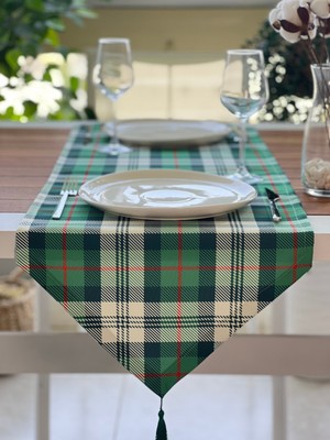 PremiumPort Yeşil Ekose Runner Örtü, Yeni Sezon, Yılbaşı Masası Dekorasyonu