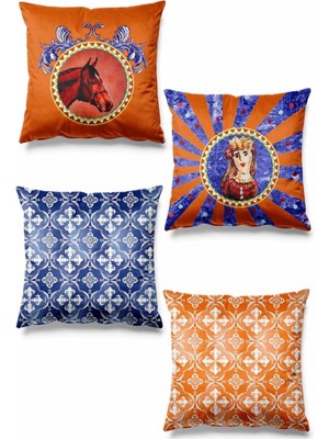 PremiumPort Rokoko Desenli Çift Taraflı 4'lü Süet Kırlent Kılıf Seti