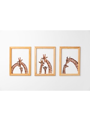 PremiumPort 3'lü Çocuk ve Bebek Odası Tablo Seti, Zürafa ve Aile Temalı Dekor