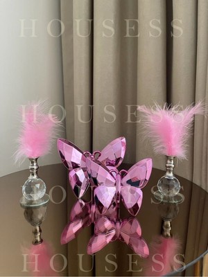 PremiumPort Pembe Kelebek ve Gümüş Tüylü Biblo Seti, Şık Dekoratif Süsler