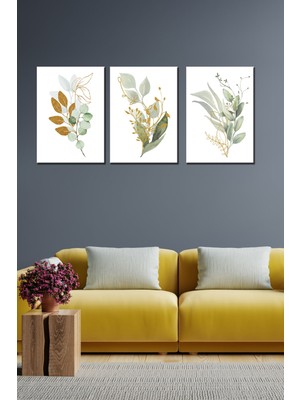 PremiumPort Yeşil Çiçekler Art 3 Parça Modern Duvar Tablosu 40X30 Yüksek Çözünürlük