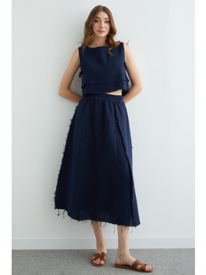 FullaModa Beli Lastikli Püsküllü Etekli Müslin 2 Li Takım