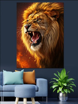 PremiumPort Kükreyen Aslan Portresi Dekoratif Kanvas ve Mdf Ahşap Tablo
