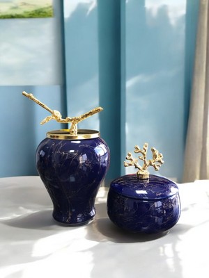 PremiumPort Lacivert Mermer Şah Obje, Gold Dallı, Zarif ve Şık Dekoratif Parça