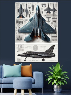 PremiumPort Modern Kanvas ve Mdf Ahşap Savaş Uçağı Teknik Çizim Tablo