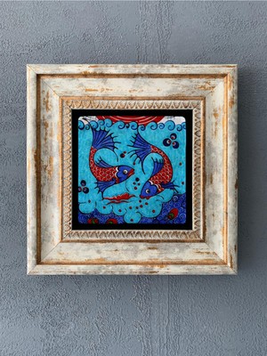 PremiumPort Şık Çerçeveli Taş Duvar Dekoru 20X20 Cm, Zarif Çini Desenli Tasarım