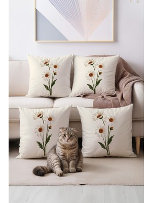 PremiumPort Ilkbahar Temalı Papatya Desenli Krem ve Beyaz 4'lü Kırlent Kılıf Takımı