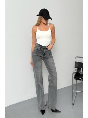 Jee Lee Kadın Yüksek Bel Likralı Esnek Wide Leg Jean Gri - 26M 2616