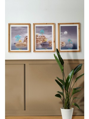 PremiumPort Deniz Desenli 3'lü Set, 30X40 Cm, Mdf, Siyah Ahşap Çerçeve, Uv Baskı