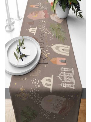 PremiumPort Ramazan Temalı Beige Süet ve Dokuma Runner, 140X40 Cm, Şık Dekorasyon