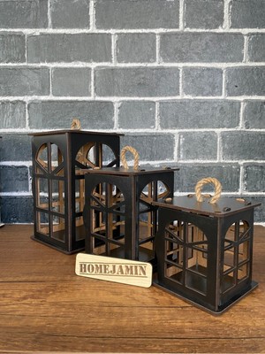 PremiumPort 3'lü Ahşap Mini Dekoratif Fener Seti, Hint Penceresi Tarzı