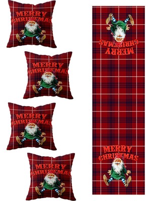 PremiumPort Yılbaşı Temalı 4'lü Kırlent ve Runner Seti, Dekoratif Masa Süsleri