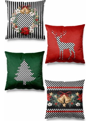 PremiumPort Çift Taraflı Baskılı Dama Noel Desenli 4'lü Süet Kırlent Kılıfı