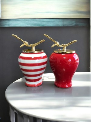 PremiumPort Şah Küp 2'li Dekoratif Obje, Gold Dal, Zamaklı, Kırmızı, Klasik Zebra