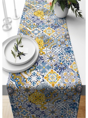 PremiumPort Majolica Desenli Süet Dokuma Runner 40X140 cm Şık ve Zarif Tasarım