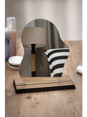 PremiumPort Şık Ahşap Makyaj Aynası, Asimetrik, Kare ve Yuvarlak Tasarım, 26X29 cm